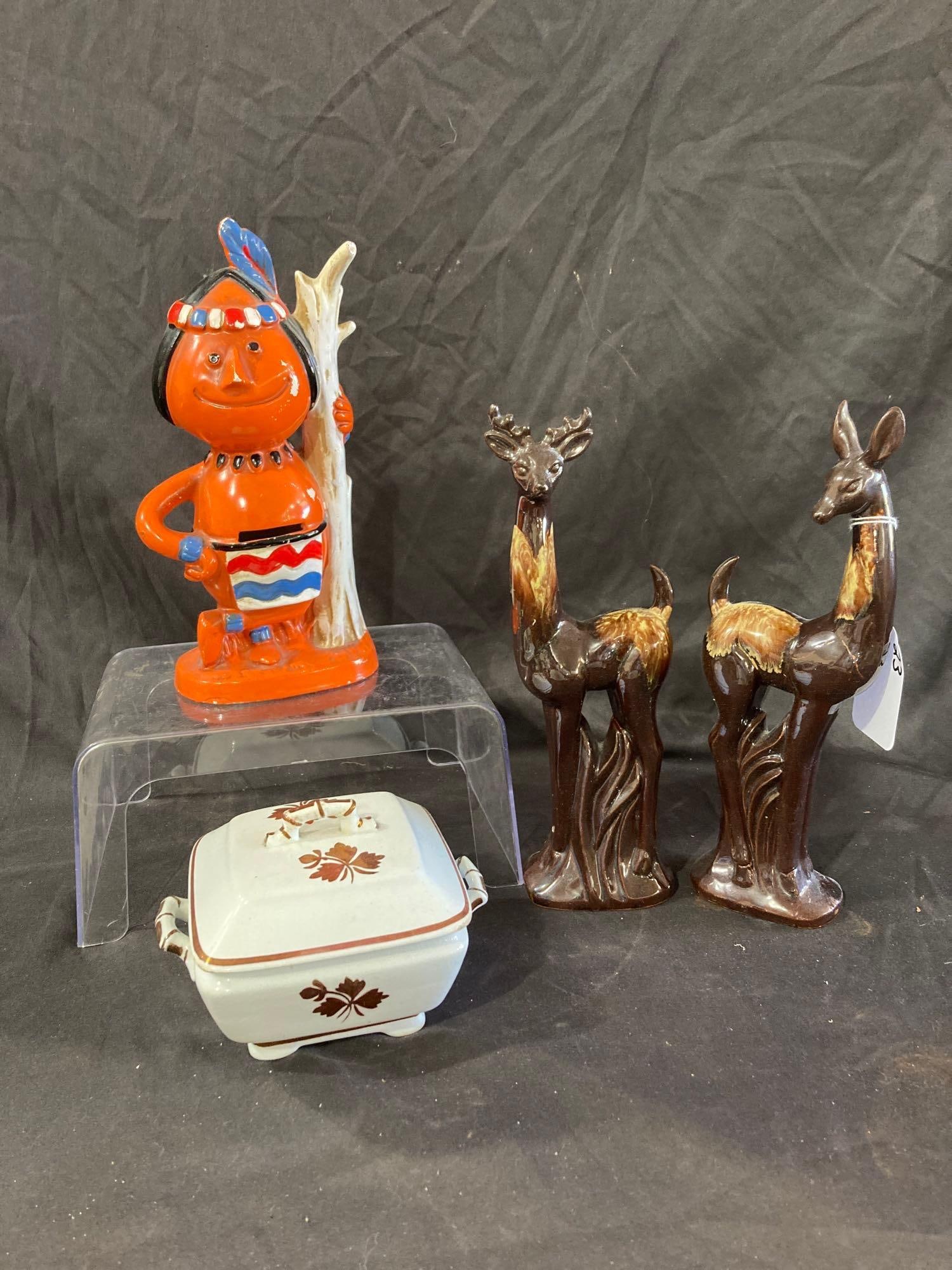 Redware Deer, and Pottery: Ceramic Indian, and covered dish