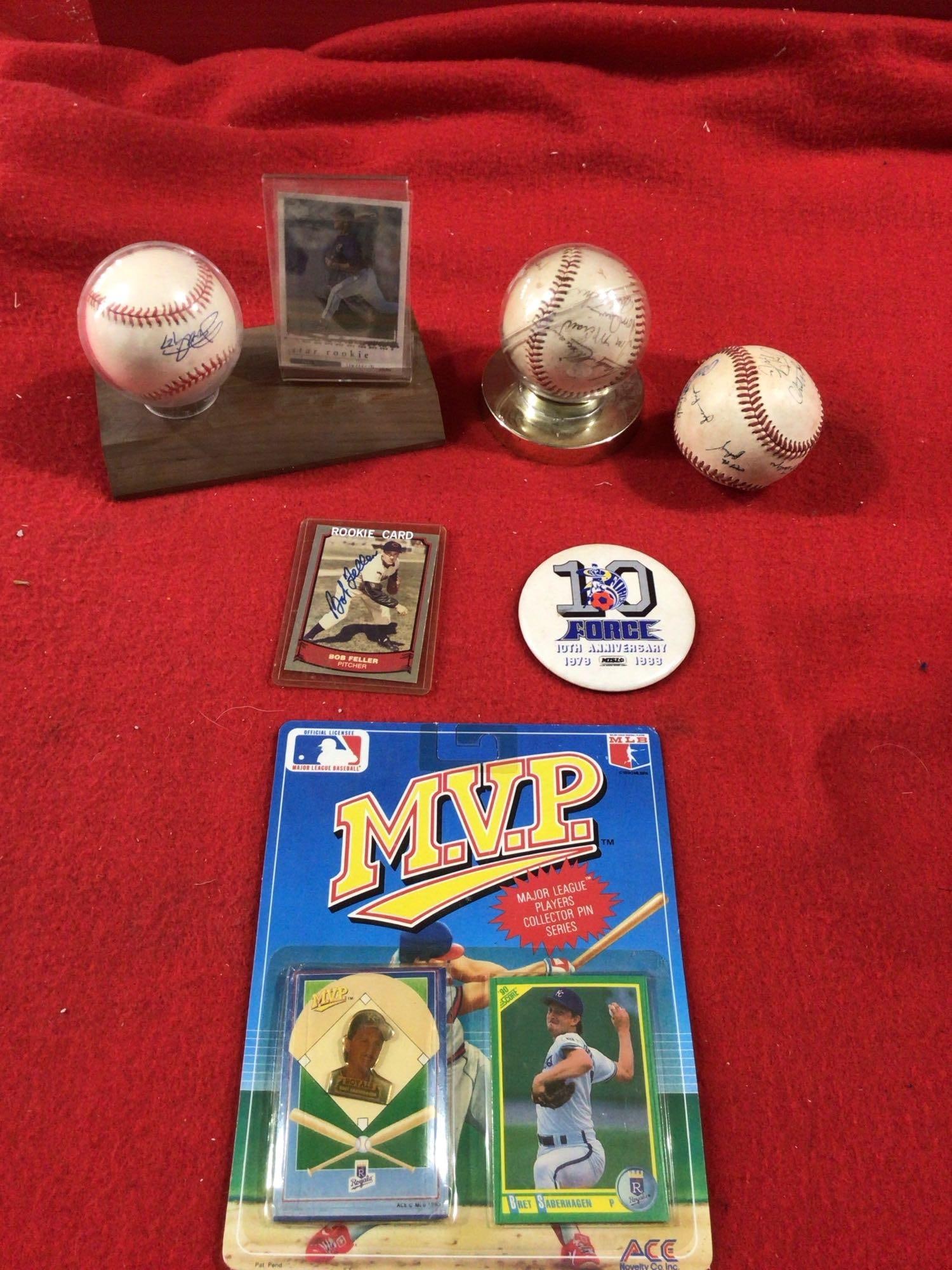 BOB FELLER AND OTHER SIGNED BASEBALL MEMORABILIA: JARET WRIGHT SIGNED BALL AND ROOKIE CARD, TWO OTHER BALLS WITH MANY SIGNATURES, SIGNED BOB FELLER ROOKIE CARD.