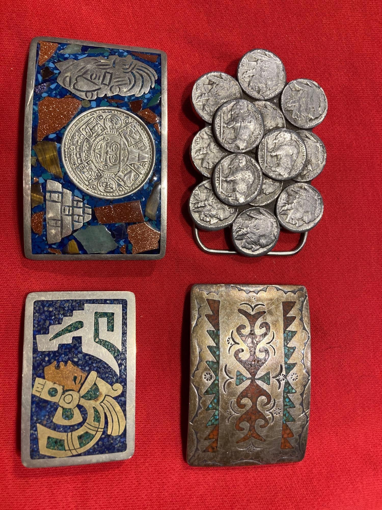 MEXICAN SILVER AND BUFFALO HEAD NICKEL BELT BUCKLES: LOT OF 4