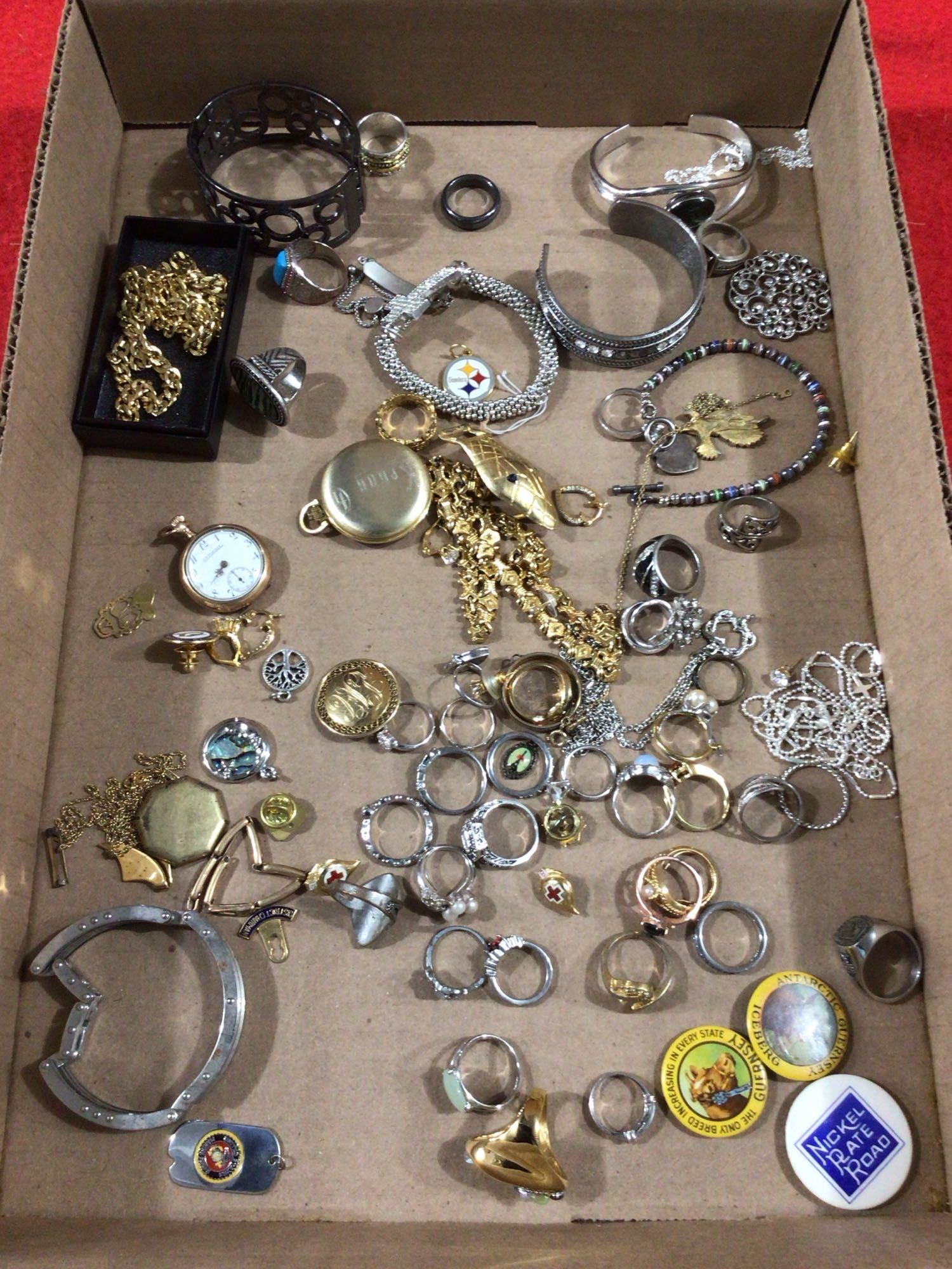 RINGS AND JEWELRY: EXCELLENT LOT OF 20+ RINGS. POCKET WATCHES, BRACELETS AND MORE. sOME ARE GOLD PLATED, OTHERS HAVE NOT BEEN CHECKED OUT