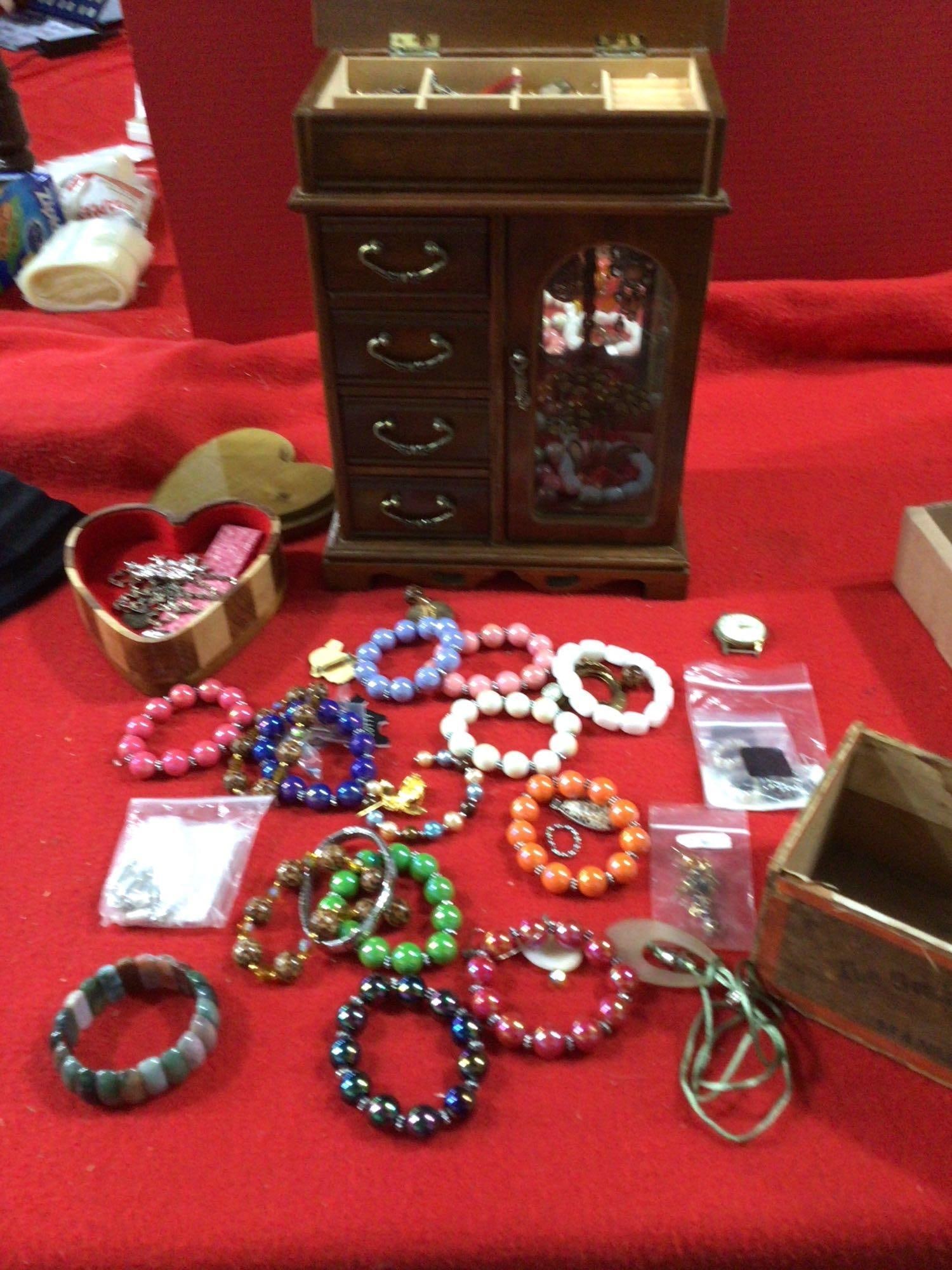 JEWELRY CASES, BEADED NECKLACES AND BROOCHES: JEWELRY CASE MEASURES 13X10X7, HEART BOX IS 6 IN LONG. THIS LOT HAS NOT BEEN THOROUGHLY INSPECTED AND MAY CONTAIN SILVER OR GOLD ITEMS
