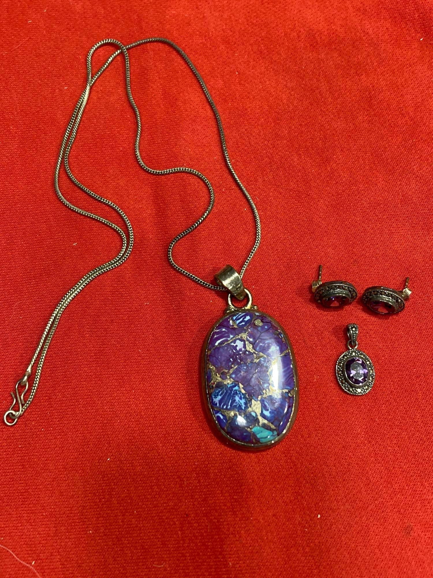 STERLING PURPLE STONE EARRINGS AND NECKLACE: MARKED 925
