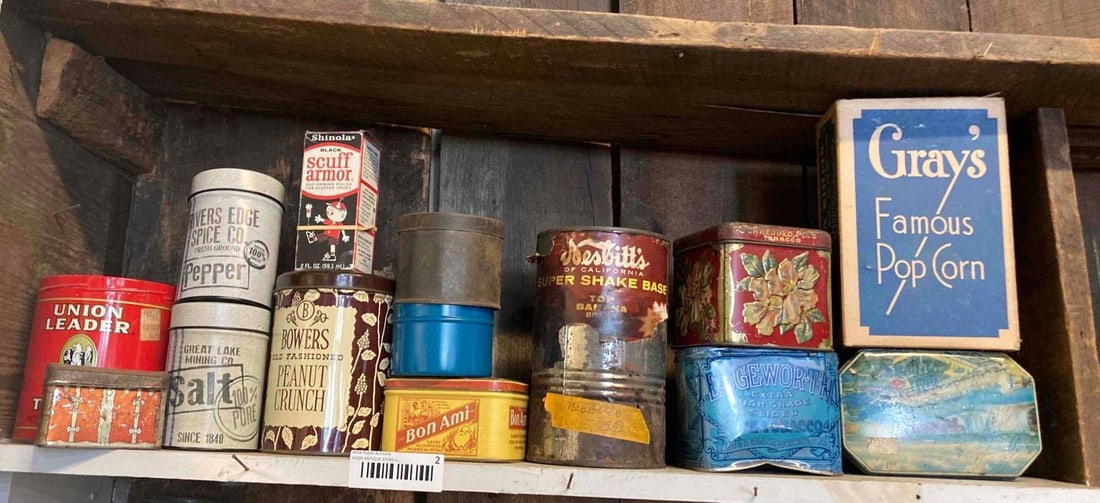 TOBACCO, NESBITT, BON AMI AND OTHER ADVERTISING TINS: LOT OF 13. ONE CARDBOARD POPCORN BOX