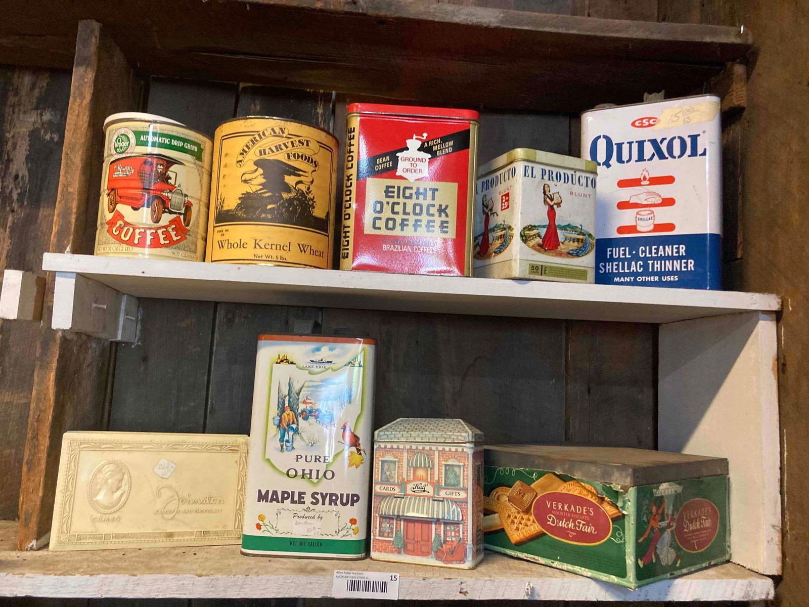 QUIXOL, OHIO MAPLE SYRUP, EIGHT O CLOCK COFFEE AND OTHER TINS (1 of 6)