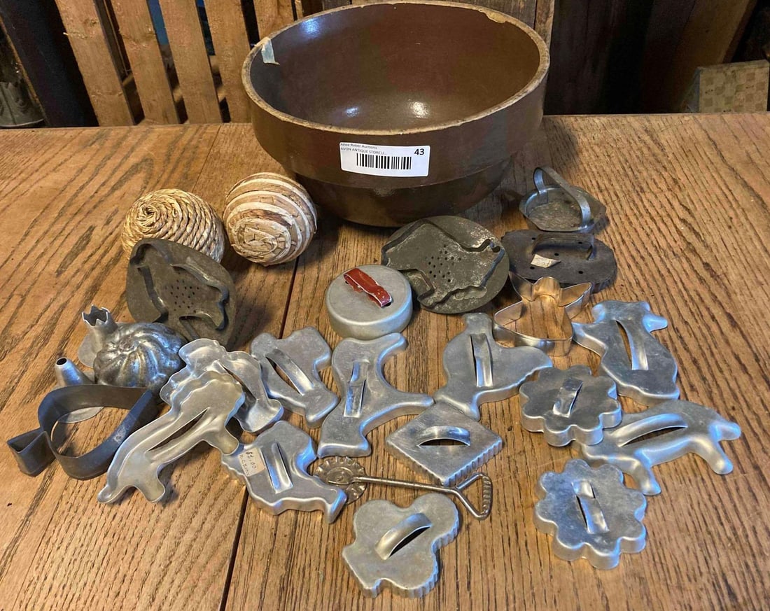 CROCK BOWL AND TIN COOKIE CUTTERS: CUTTERS INCLUDES ANIMALS AND SHAPES.