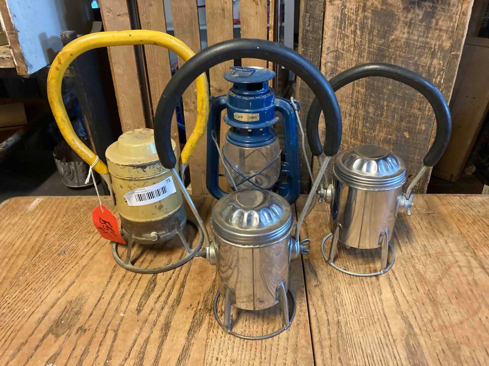 RAILROAD AND BARN LANTERNS: LOT OF 3 RR LAMPS AND ONE BLUE BARN LANTERN. CONGER STAMPED ON BASE OF METAL RR LANTERNS