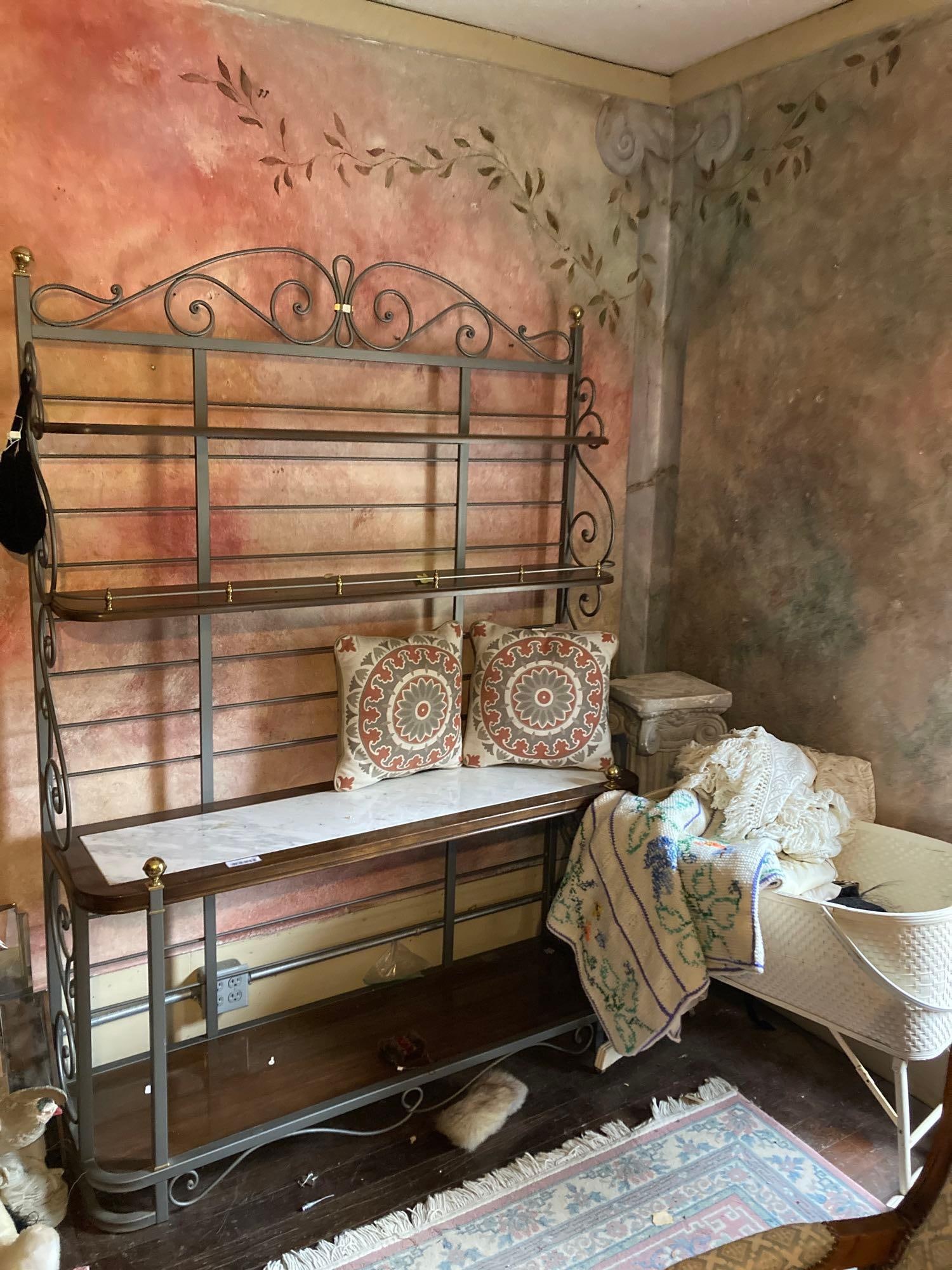 BAKERS RACK, WICKER BASSINET, LINENS AND PILLAR (1 of 7)