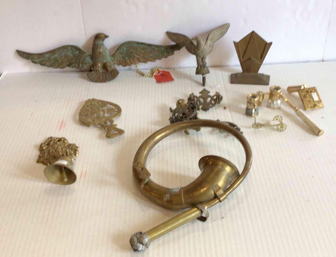 BRASS WARE LOT INC. FRENCH HORN, OPERA GLASSES, EAGLE PLAQUE, TRIVET, BELL AND MORE: THIS IS A GREAT EARLY BRASS LOT LOADED