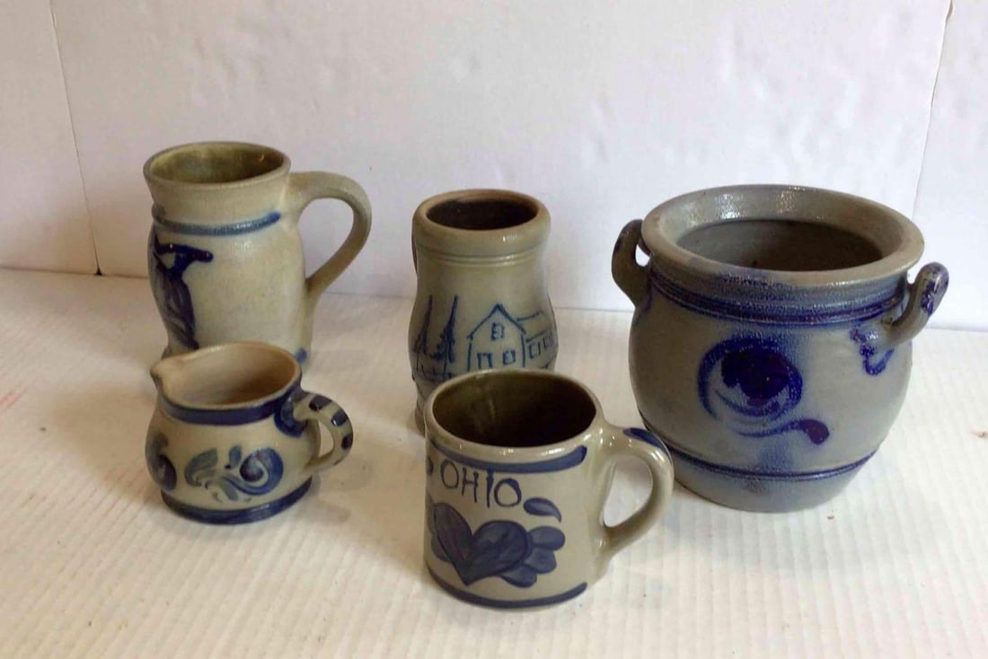 BEAUMONT POTTERY BLUE COBALT STONEWARE CROCK LOT INC. MUGS AND MORE (1 of 4)