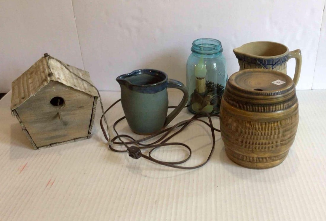 BALL LAMP, BIRDHOUSE, STONEWARE PITCHER,BARRELL AND MORE: ALL ITEMS IN GOOD EARLY CONDITION