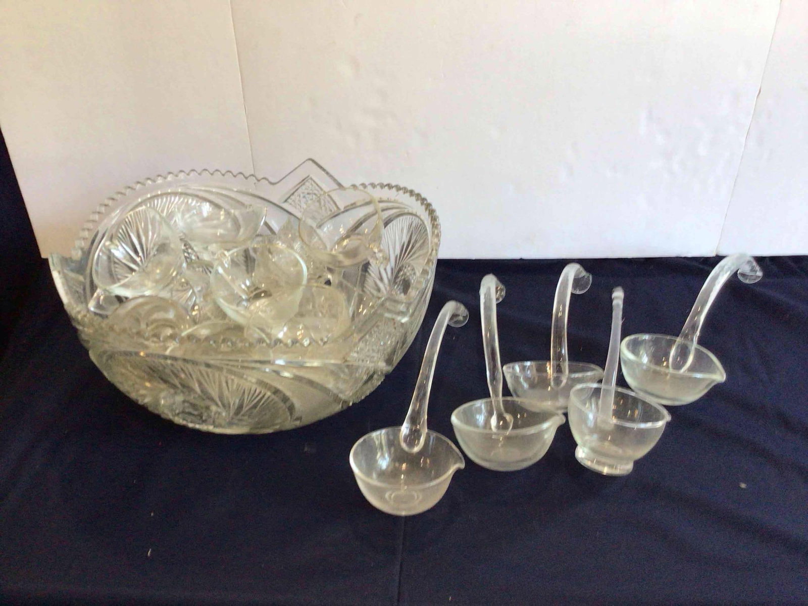 CUT AND PRESSED CRYSTAL RAISED PUNCH BOWL SET W/ CUPS AND LADLES (1 of 4)