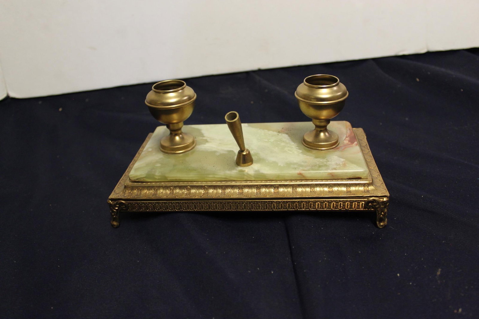 MARBLE AND BRASS FOUNTAIN PEN HOLDER: FEATURES TWO INKWELLS AND PEN HOLDER. 9 X 5
