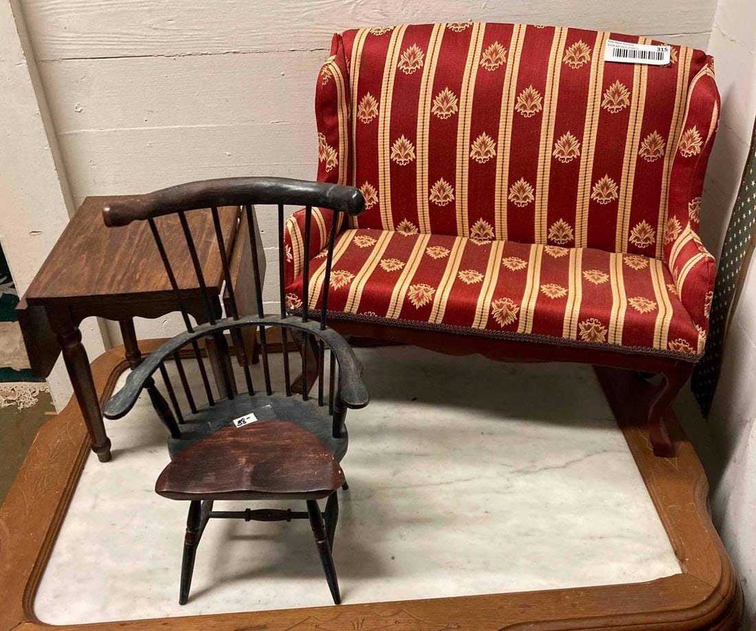 EARLY 1800S CHILDS CHAIR WITH RUSH SEAT AND ROCKER. BED IS MISSING ONE CASTER ON FOOT BOARD (1 of 5)