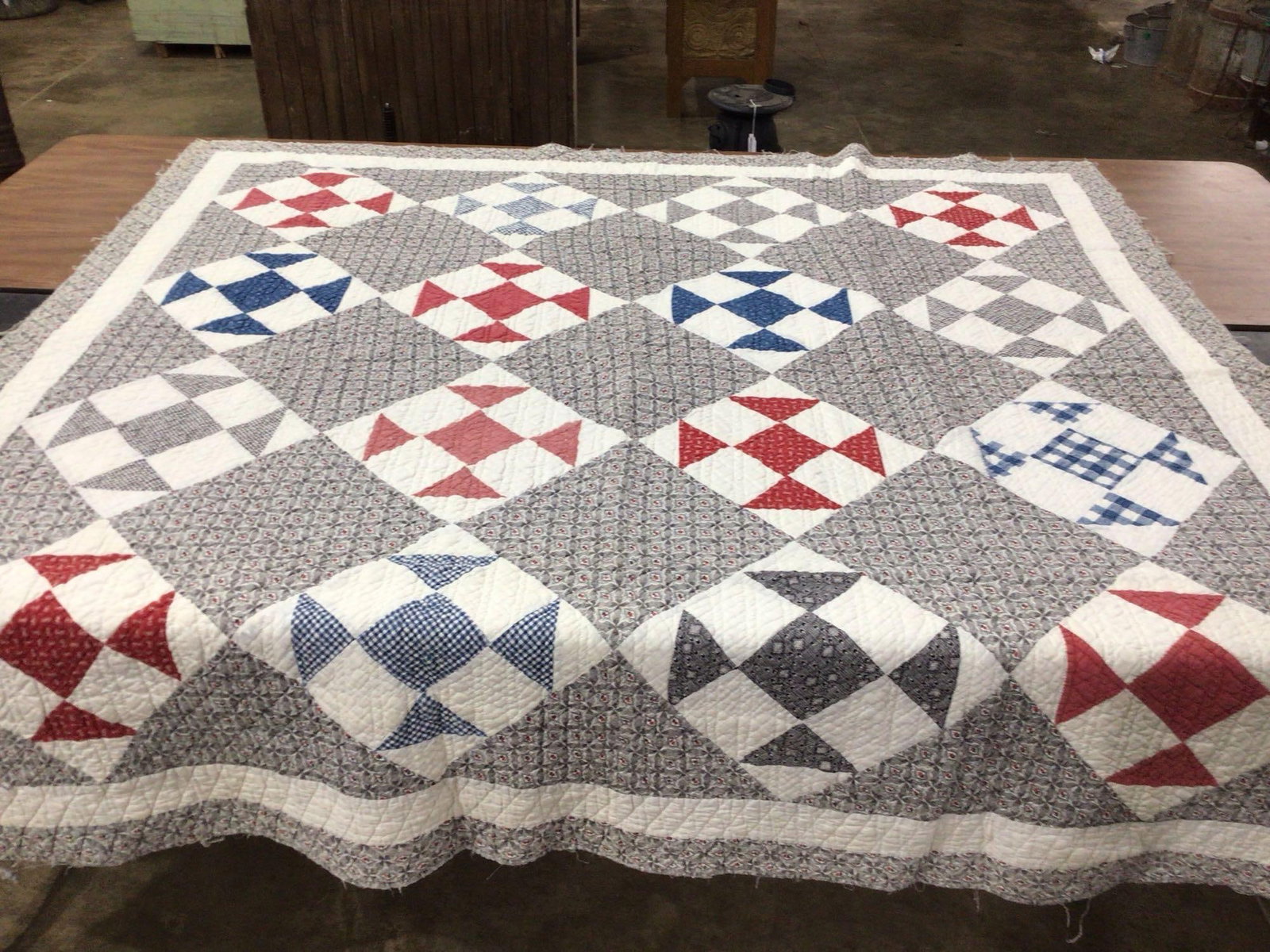 COUNTER BALANCE PATCHWORK QUILT: 70X72, THINNING AND WEAR TO ALL EDGES AS WELL AS BACKSIDE