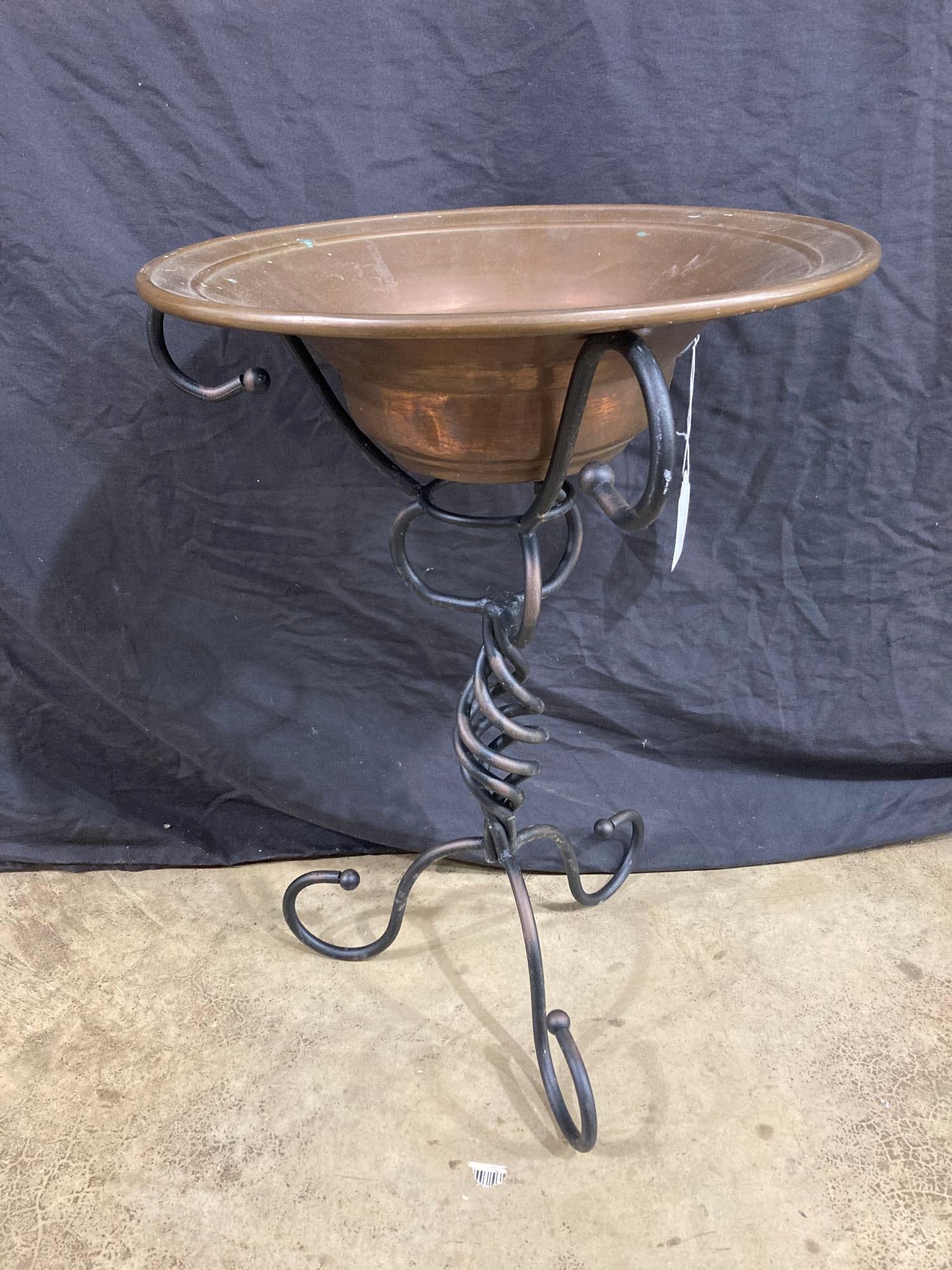 COPPER BOWL ON ROD IRON STAND: COPPER BOWL MARKED MADE IN TURKEY, 21X15 IN