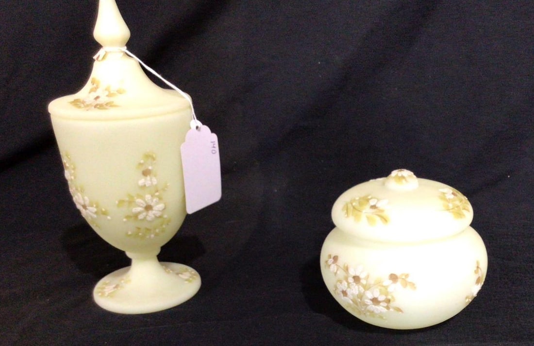 HAND PAINTED BURMESE FLOWERS FENTON DISHES: COVERED URN IS 10 IN TALL, COVERED DISH IS 4.5 IN TALL. NO CHIPS OR CRACKS. BOTH ARE SIGNED ON BOTTOM