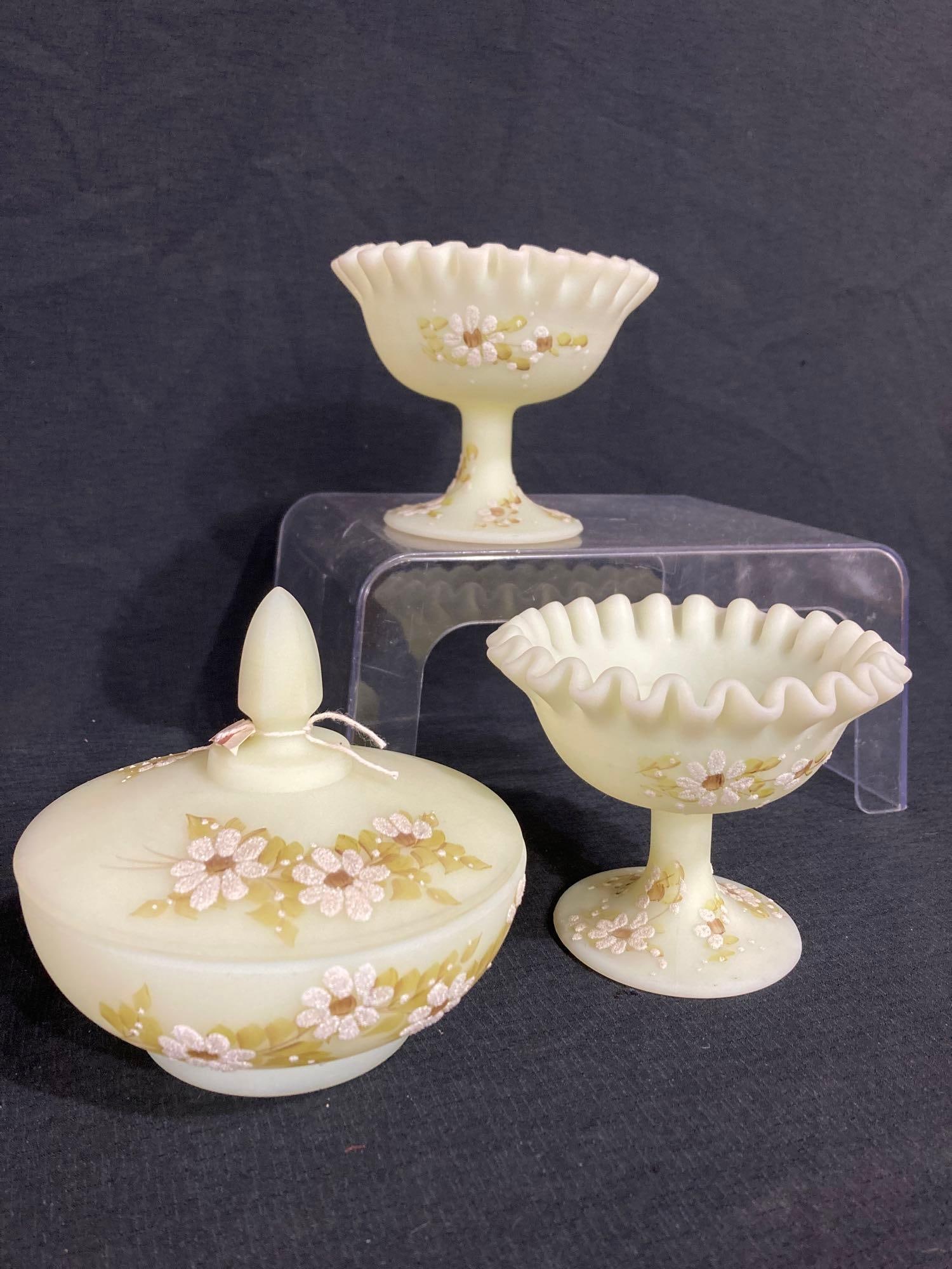 HAND PAINTED BURMESE FLOWERS FENTON DISHES (1 of 6)