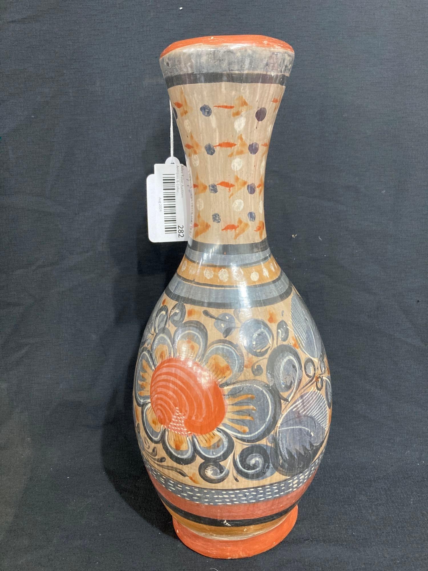 HAND PAINTED MEXICAN TONALA POTTERY: IN GOOD CONDITION. NO CHIPS OR CRACKS, 17.5 IN TALL