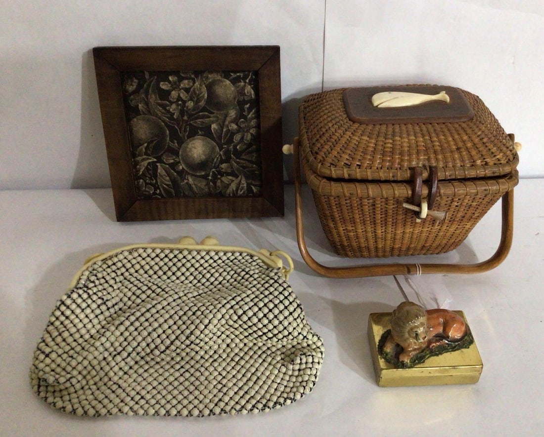 BEADED BAG, EARLY WHALING BASKET, BRASS LION TIN AND FRAMED TILE (1 of 5)
