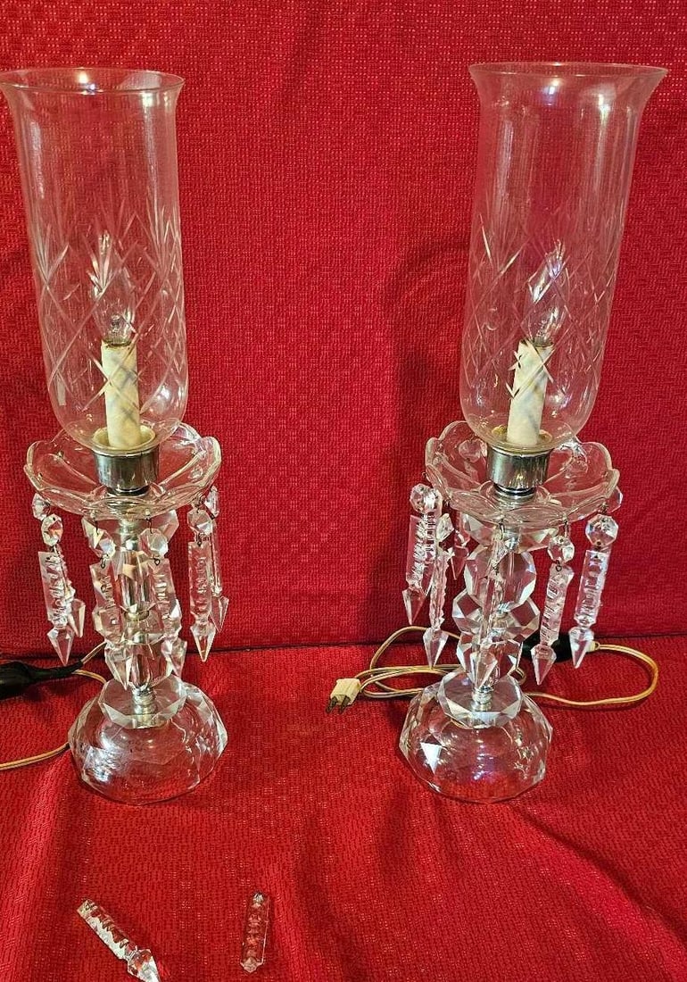 LUSTER CRYSTAL GLASS LAMPS: EACH IS ELECTRIFIED AND IN WORKING CONDITION. MAGNESIUM GLASS, GLOWS UNDER UV LIGHT. COMES WITH SOME EXTRA PRISMS. 21 INCHES TALL