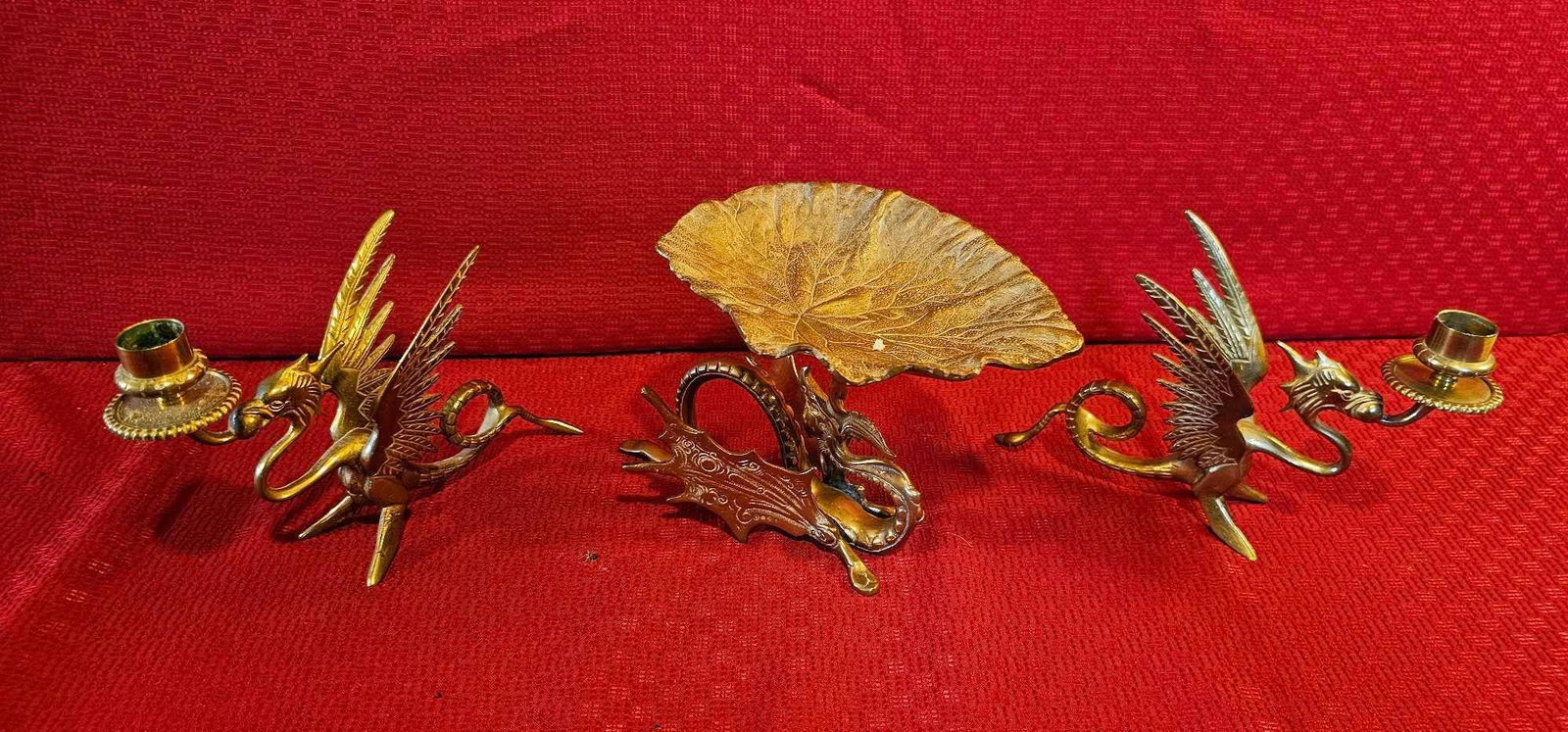 BRASS DRAGON CANDY DISH AND CANDLE HOLDERS (1 of 8)