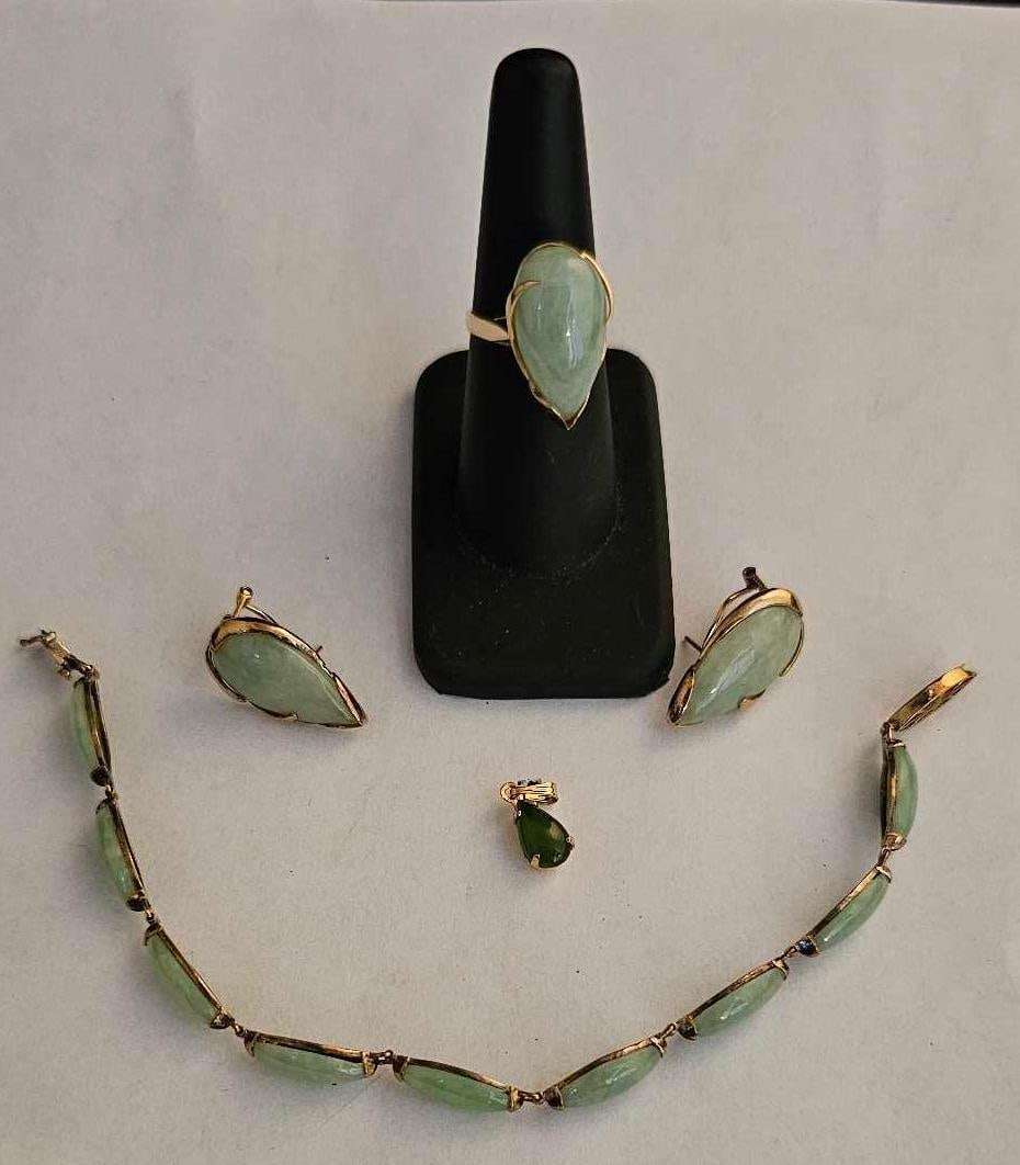 14K GOLD JADE NECKLACE, EARRINGS, RING AND PENDANT (1 of 8)