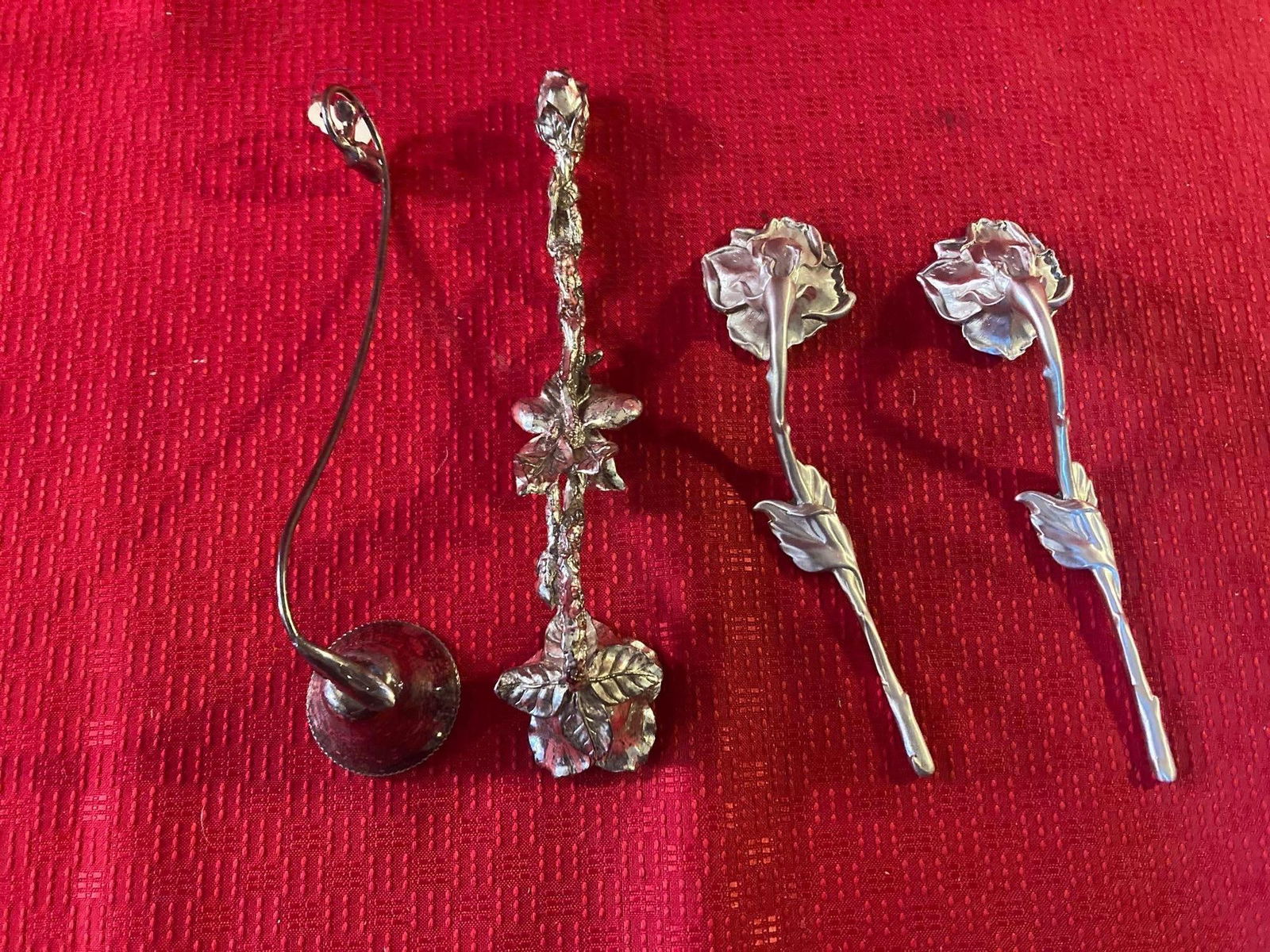 ROSE AND FLOWER PEWTER SNUFFERS: 2 PEWTER SEAGULL IN ORIGINAL BOX. ONE MAY BE SILVER PLATED