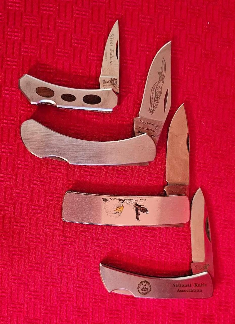 STAINLESS STEEL POCKET KNIVES: LOT OF 4 INCLUDING SILVER FALCON,PARKET EDWARDS, FROST CUTLERY AND A SWEDISH KNIFE