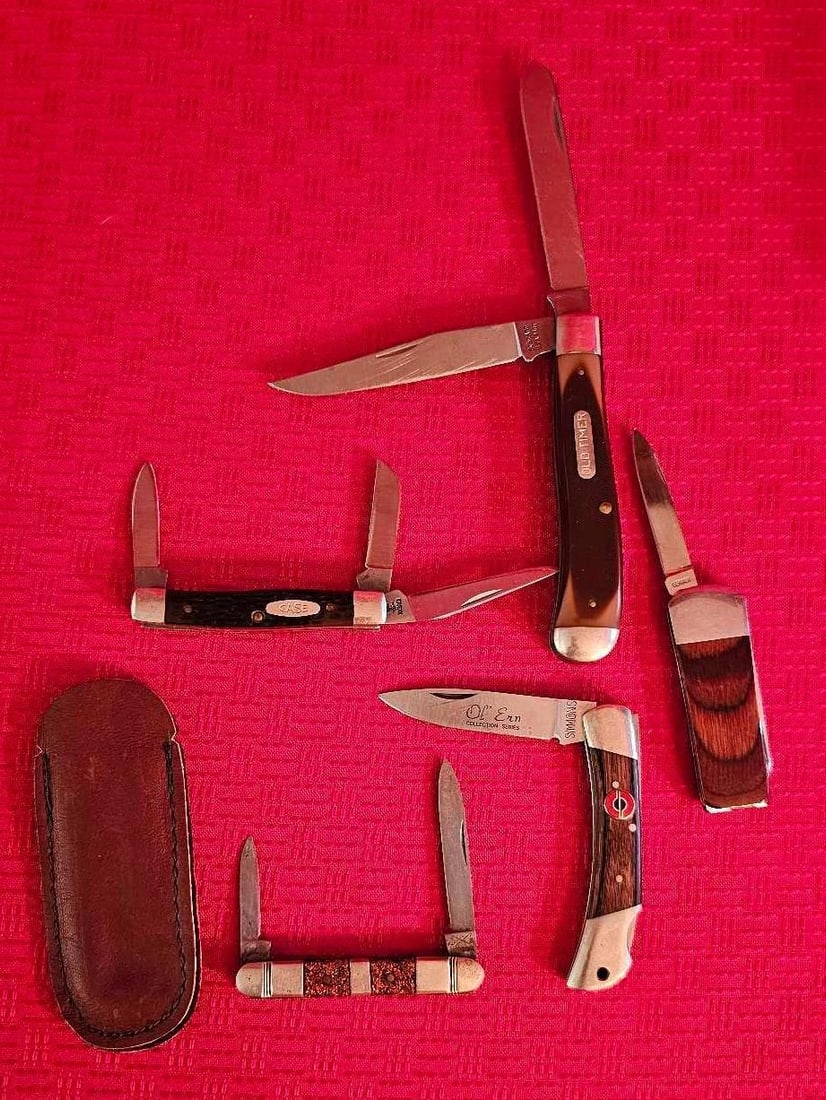 CASE, SCHRADE OLD TIMER,GERBER, AND SIMMONS POCKET KNIVES: LOT OF 5 ALL IN EXCELLENT CONDITION