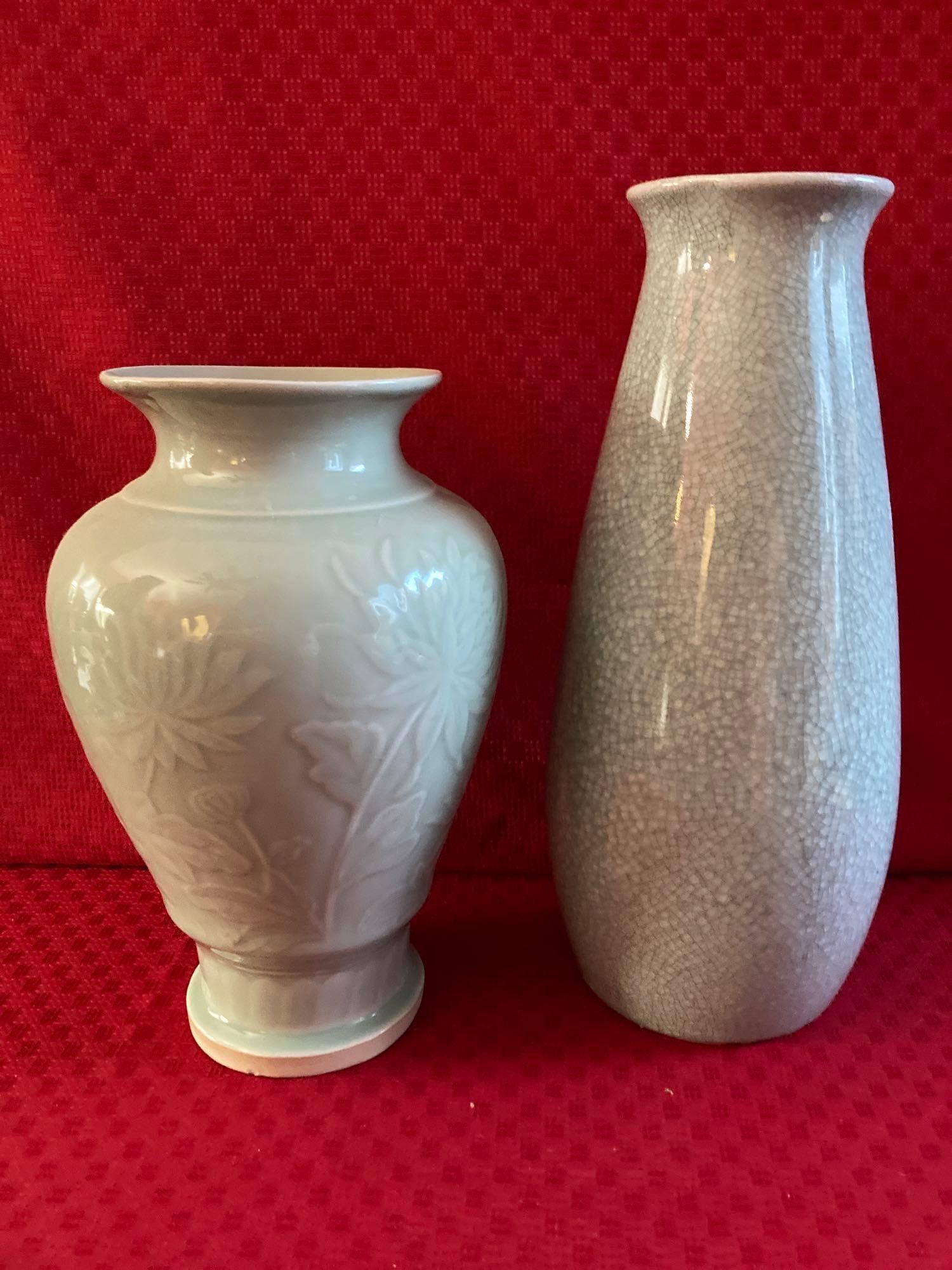 PASTEL MINT ART DECO VASES: LOT OF TWO DIFFERENT PATTERNS. EACH IN GREAT CONDITION. EACH IS APPROX 12 INCHES TALL