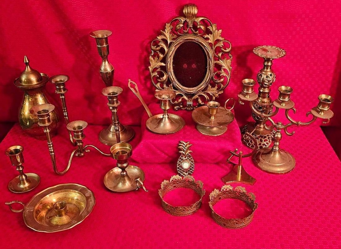 BRASS CANDLESTICKS, FRAMES, VASE, AND MORE (1 of 8)