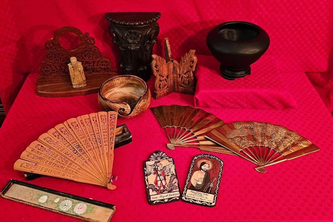 ASIAN FANS, WOOD ITEMS, AND BRASS: MANY GREAT ITEMS OF ASIAN DESIGN. CARVED BOWLS, WALL SHELF, AND MORE