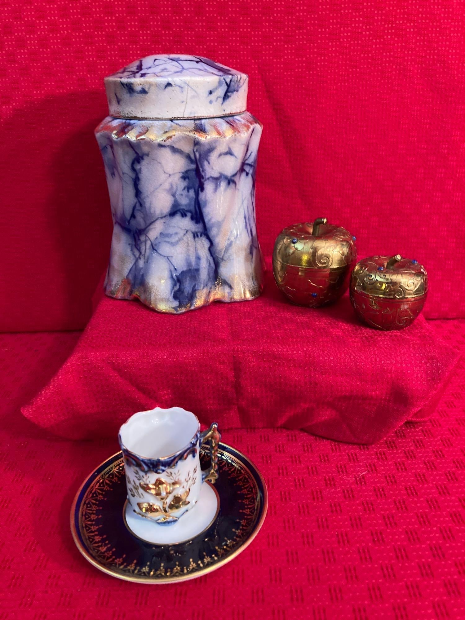 WARWICH BISCUIT JAR, BRASS APPLES AND CUP W SAUCER: BOTH APPLES MADE IN CHILE.
