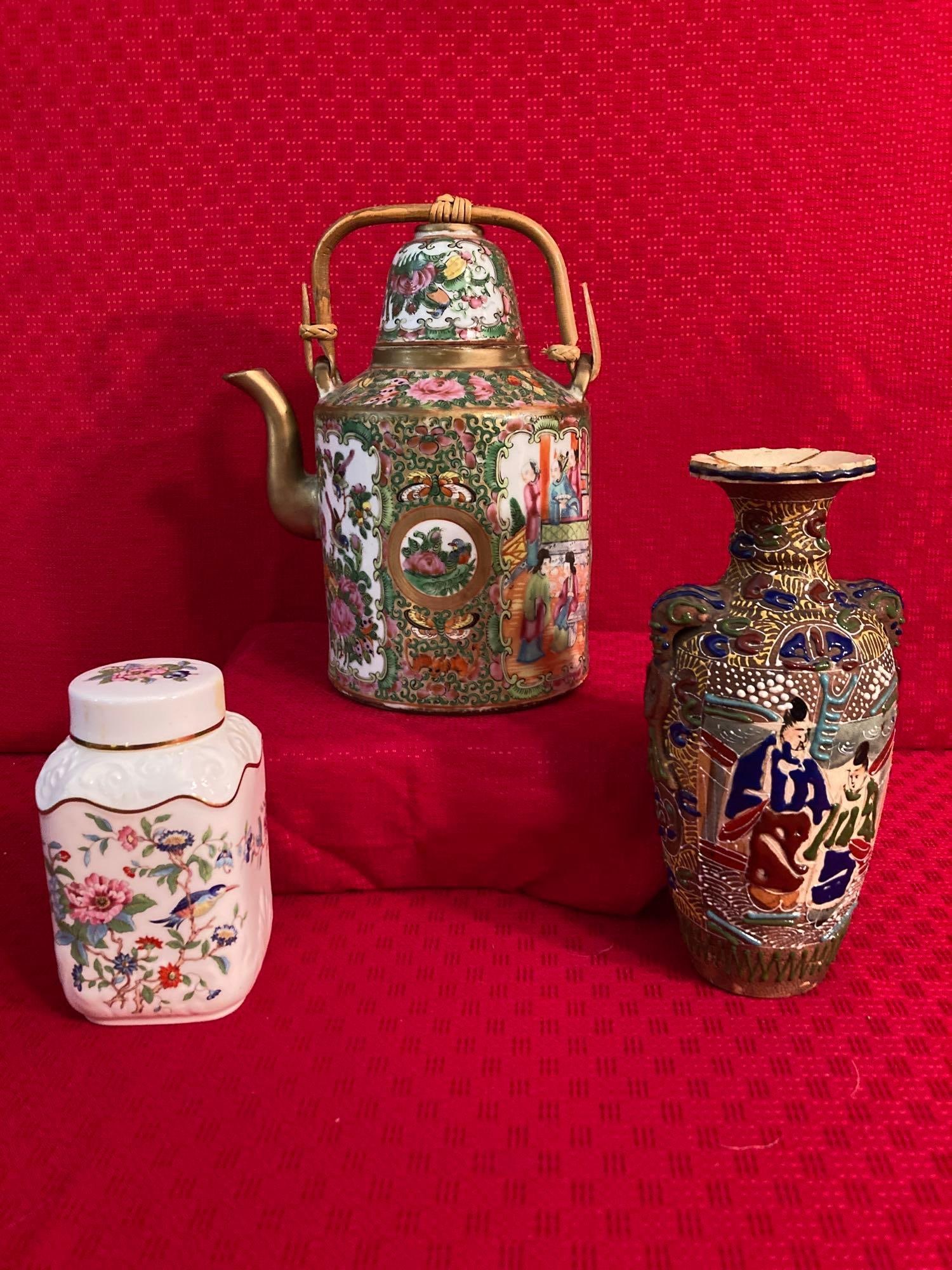 ASIAN DECORATED VASE, TEA POT AND BISCUIT JAR (1 of 11)