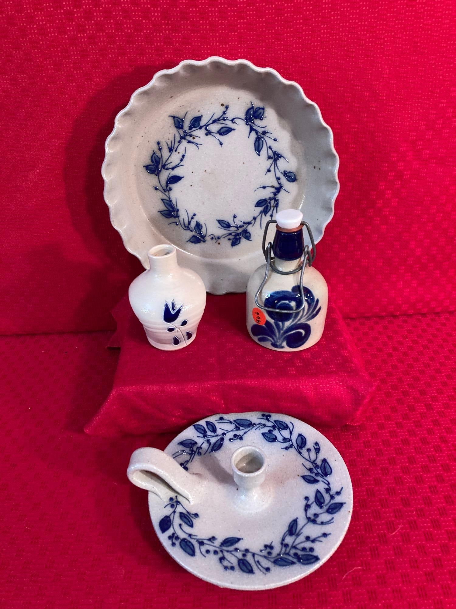 SALT GLAZED PIE PLATE, CANDLE HOLDER AND VASES: LOT OF 4. DECORATED VASE FROM WILLIAMSBURG POTTERY