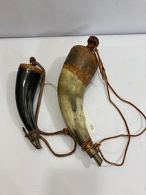 PAIR OF BRASS TIPPED POWDER HORNS