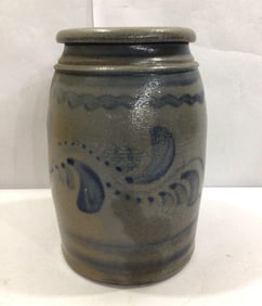 COBALT BLUE DECORATED STONEWARE CROCK