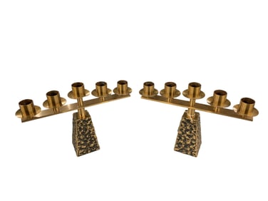 HEFTY BRASS CATHEDRAL CANDELABRA PAIR, MARKED PARIS