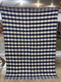 ANTIQUE NAVY AND CREAM WOOL PLAID BED COVERLET