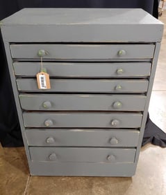 VINTAGE GREY PAINTED WOOD MAP/ART 7 DRAWER CABINET