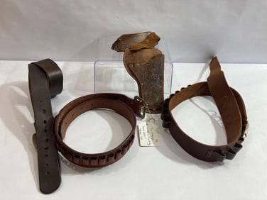 4 PC LEATHER HOLSTER, AMMO BELT AND WESTERN LOT