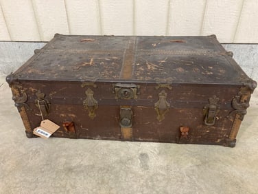 ANTIQUE STEAMER TRUNK, LINED WITH EARLY POSTCARDS