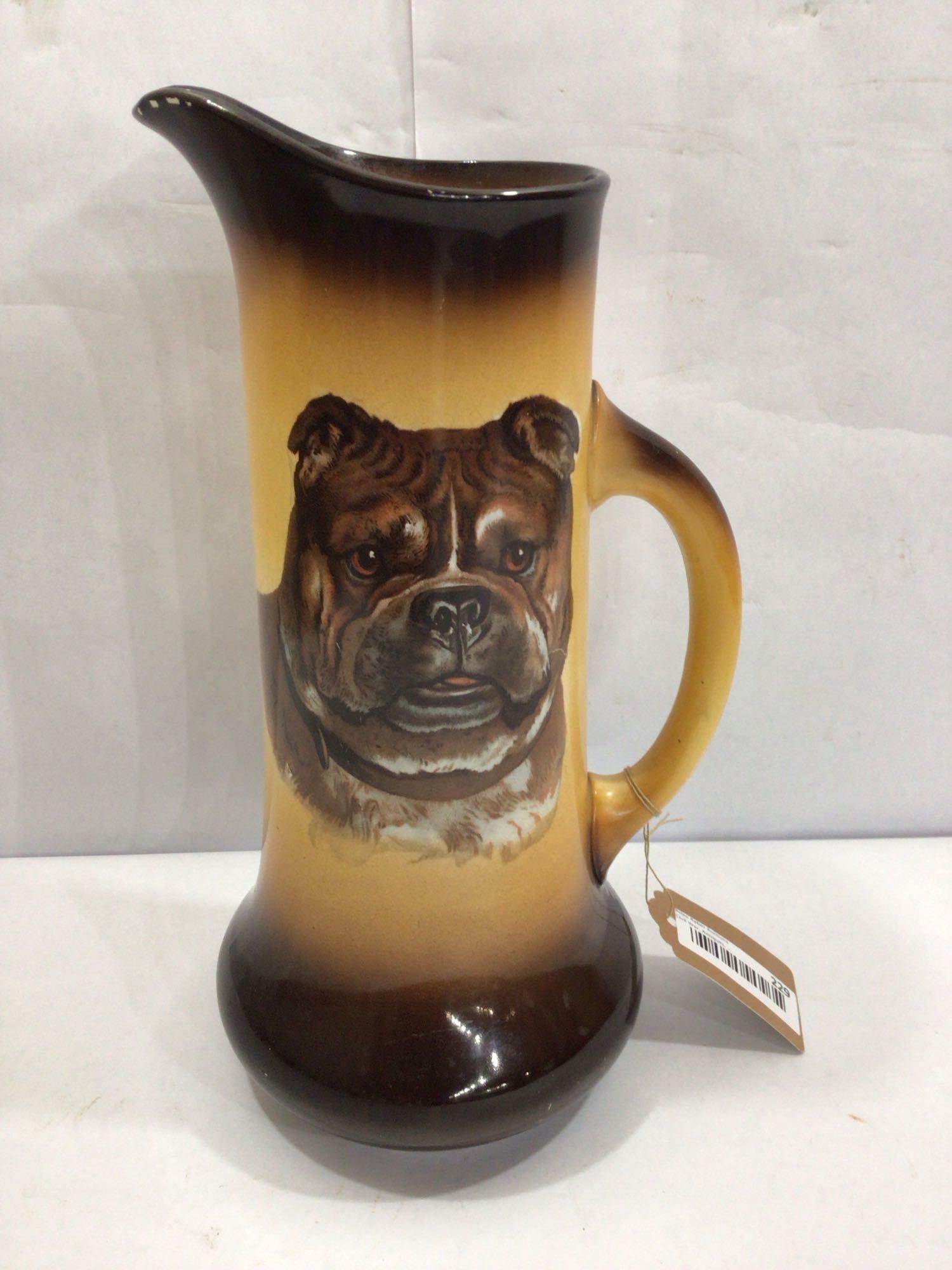TAYLOR SMITH AND TAYLOR BULL MASTIFF DOG PITCHER: NO CHIPS OR CRACKS BUT GLAZING SHOWS SOME CRAZING, 14 IN TALL
