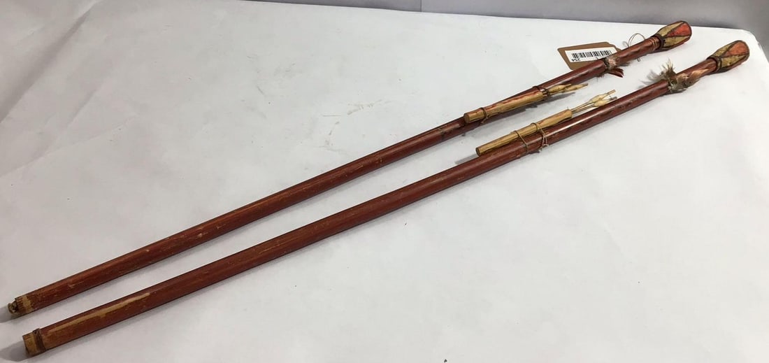 PAIR OF HAND MADE BLOW DART GUNS AND DARTS: MADE FROM BAMBOO, 33 IN LONG