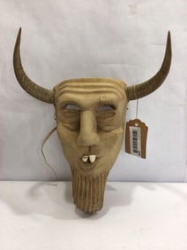 HAND CARVED WOODEN BUFFALO TOOTH WALL MASK