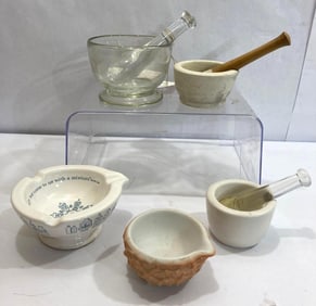 EARLY GLASS AND POTTERY APOTHECARY MORTAR AND PESTLES
