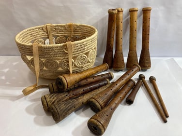 TEXTILE MILL WOOD SPINDLES IN HAND MADE BASKET