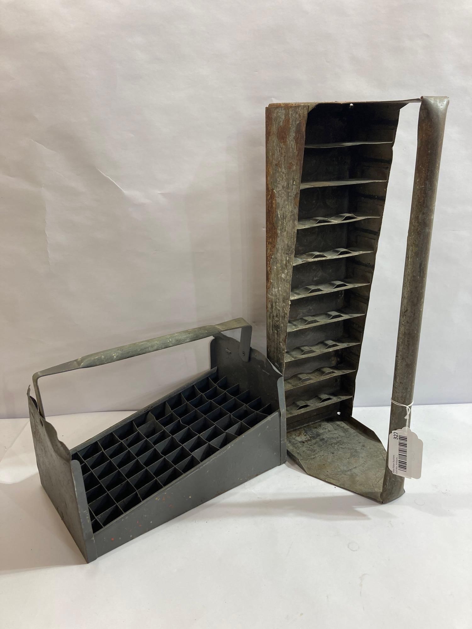 TWO INDUSTRIAL METAL SHOP TOTES: EACH IS SECTIONED, 20X9X6, 12.5X8X8 IN