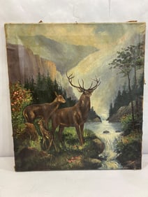 EARLY HAND PAINTED ELK FAMILY OIL PAINTING
