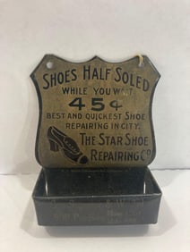 ANTIQUE STAR SHOE REPAIR MATCH TIN HOLDER